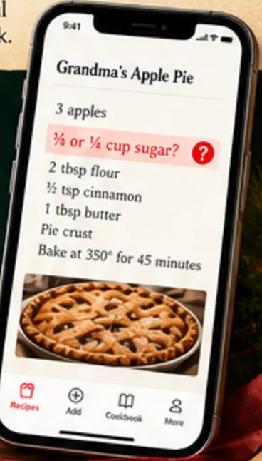 Oven Adventure app showing a recipe with an unclear sugar amount flagged for review