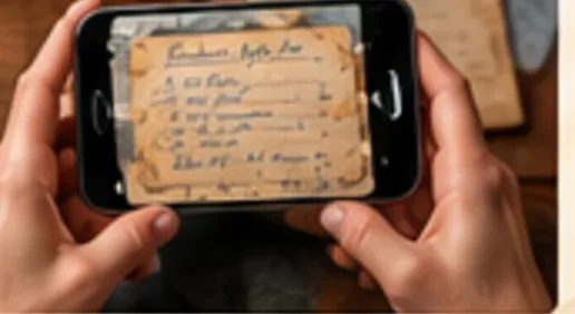 Hands photographing a handwritten recipe card with a phone